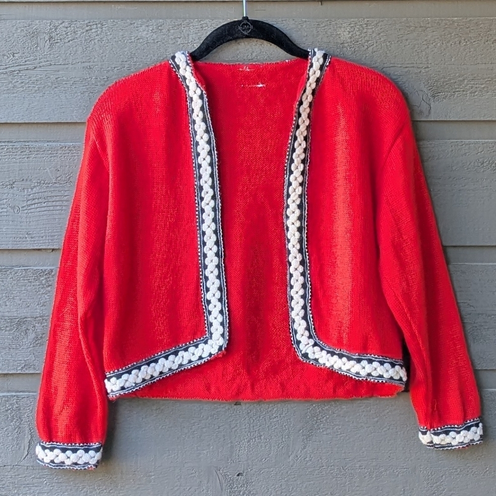 Vintage 70s Handknit 100% Wool Red Bolero Cardigan with Black Ivory Trim Small